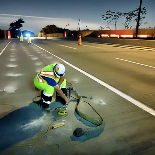 A worker repairing a road at night, illuminated by the headlights of a vehicle in the distance.