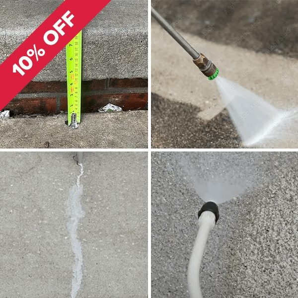 Four images showcasing diverse techniques for cleaning concrete surfaces with a 10% Off discount.